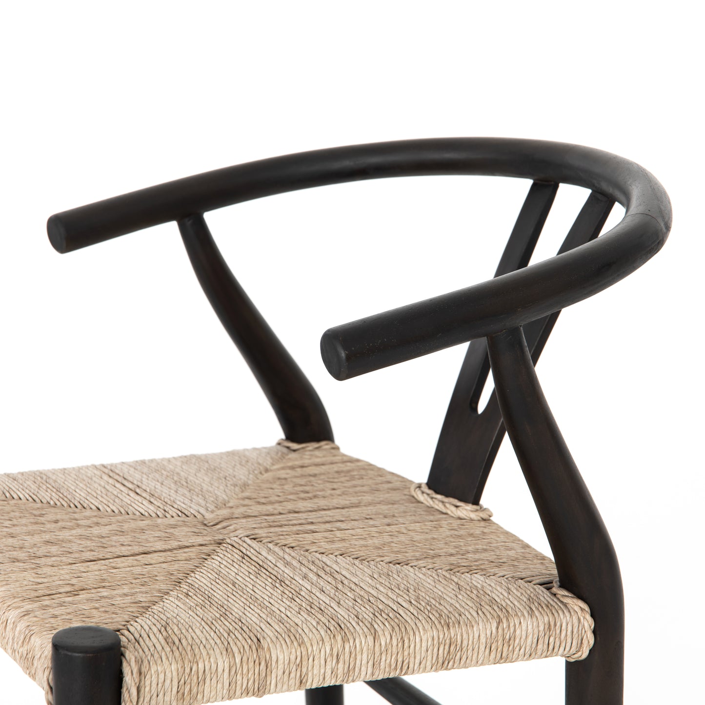 teak with matte black finish bar stool with curved back and woven seagrass seat