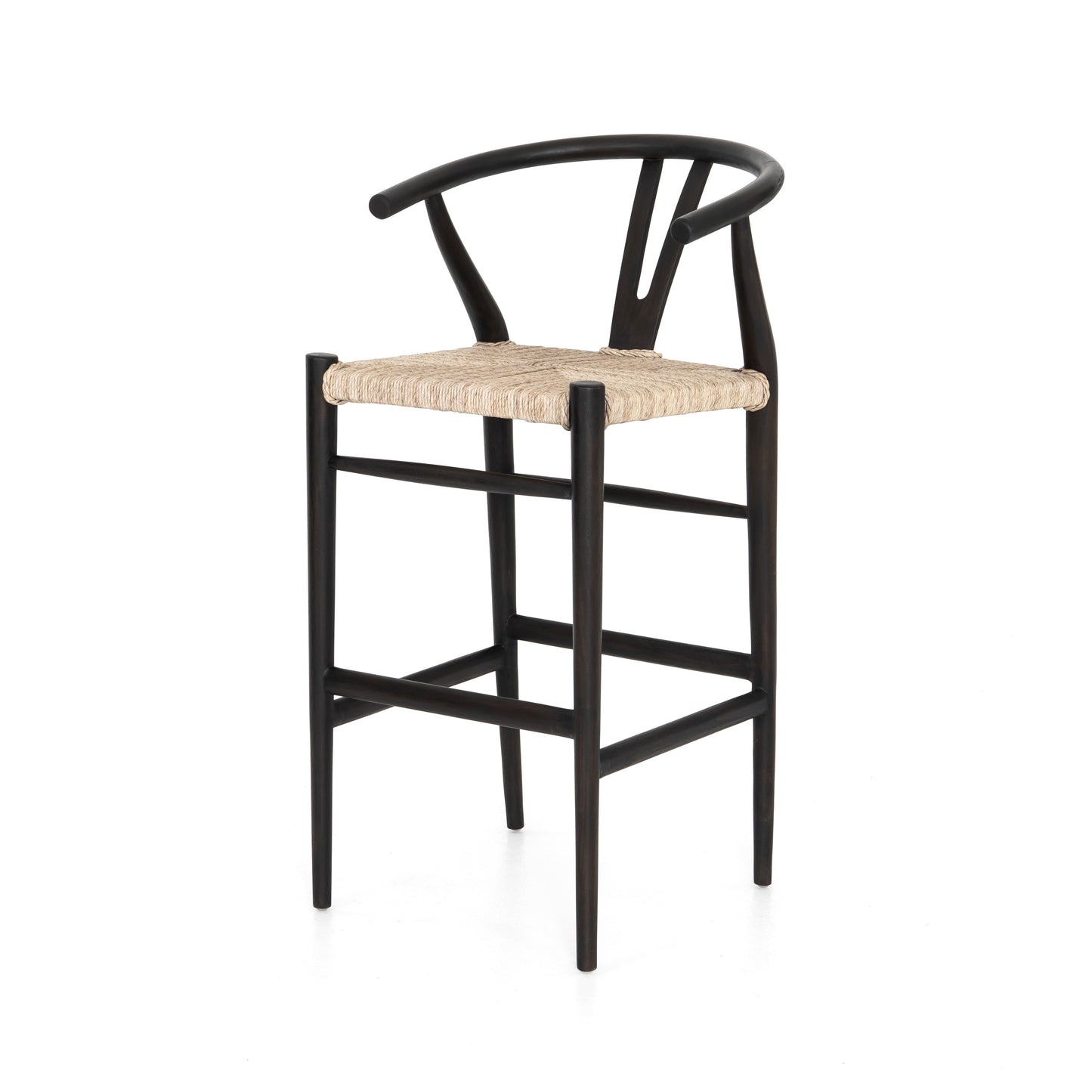 teak with matte black finish bar stool with curved back and woven seagrass seat