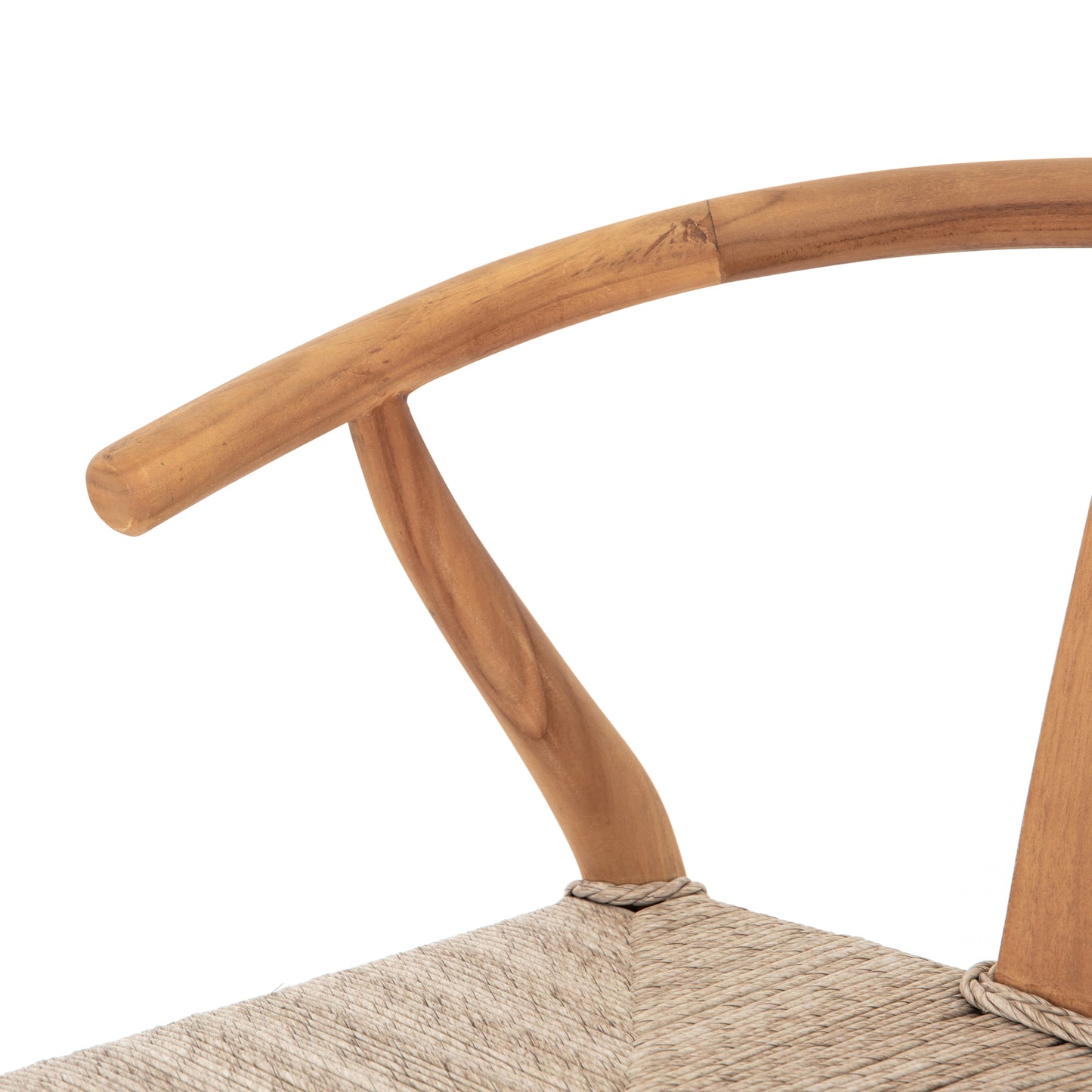 natural teak with matte finish bar stool with curved back and woven seagrass seat