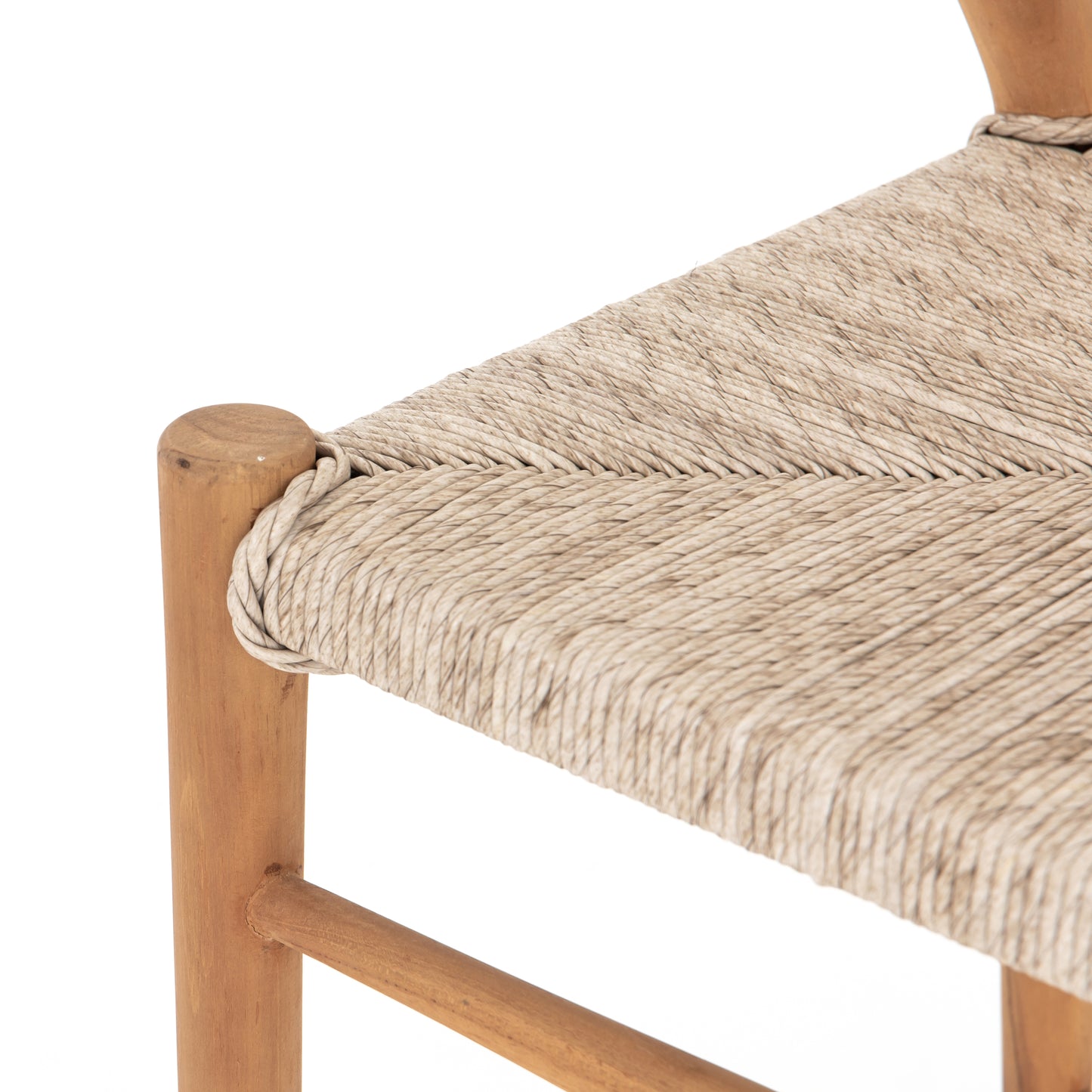 natural teak with matte finish bar stool with curved back and woven seagrass seat