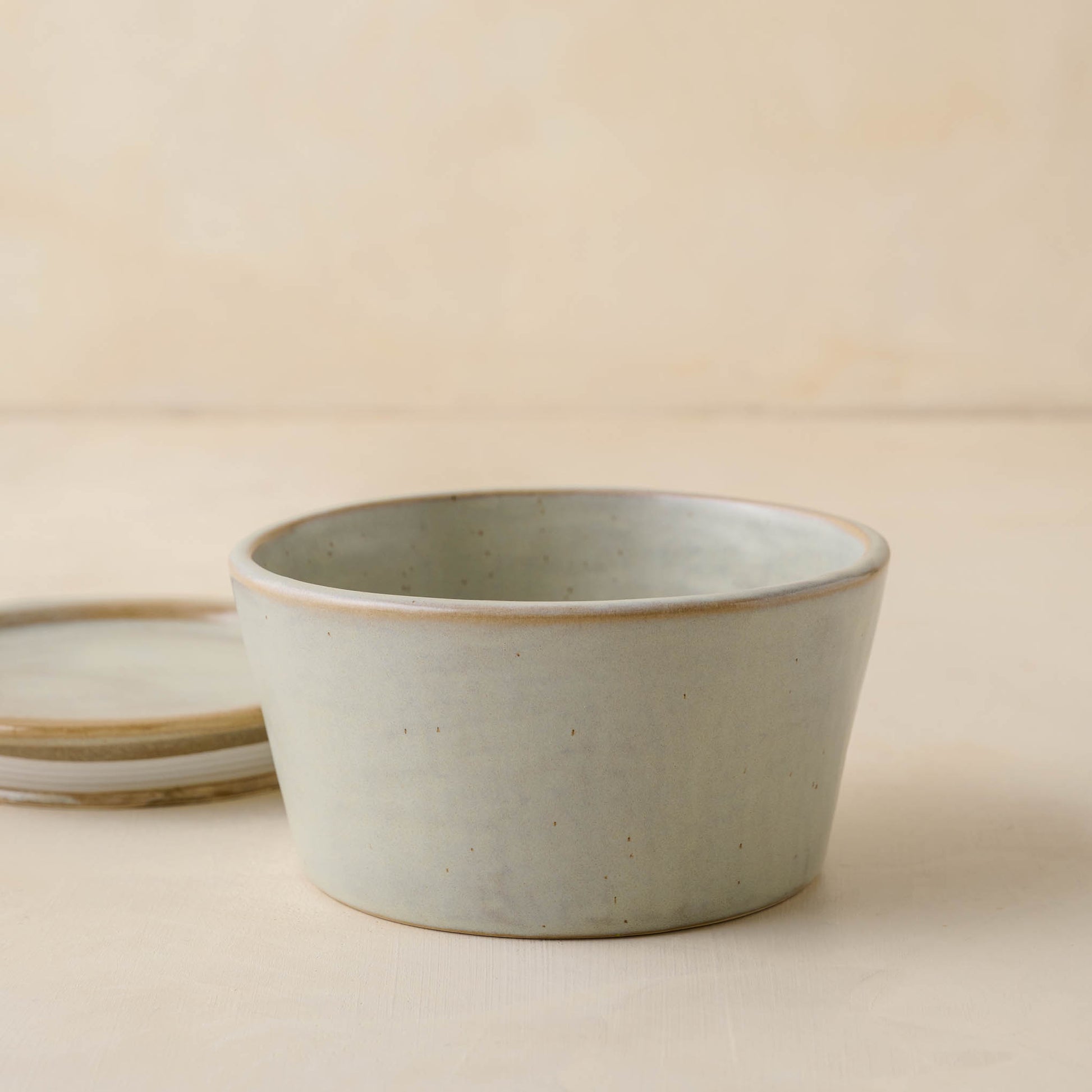 French Grey Ceramic Food Storage Bowl with top off