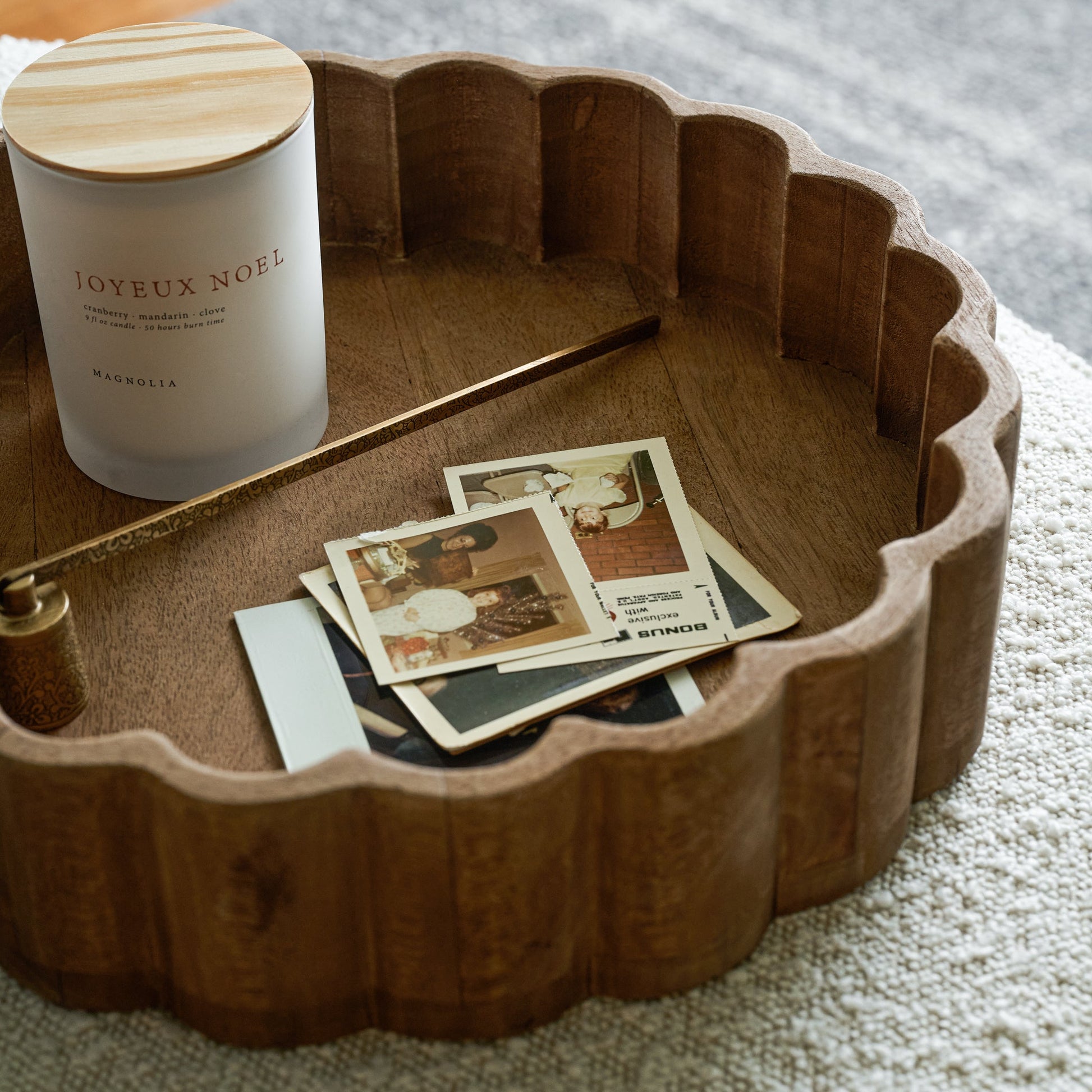 magnolia Antiqued Wood Scalloped Tray