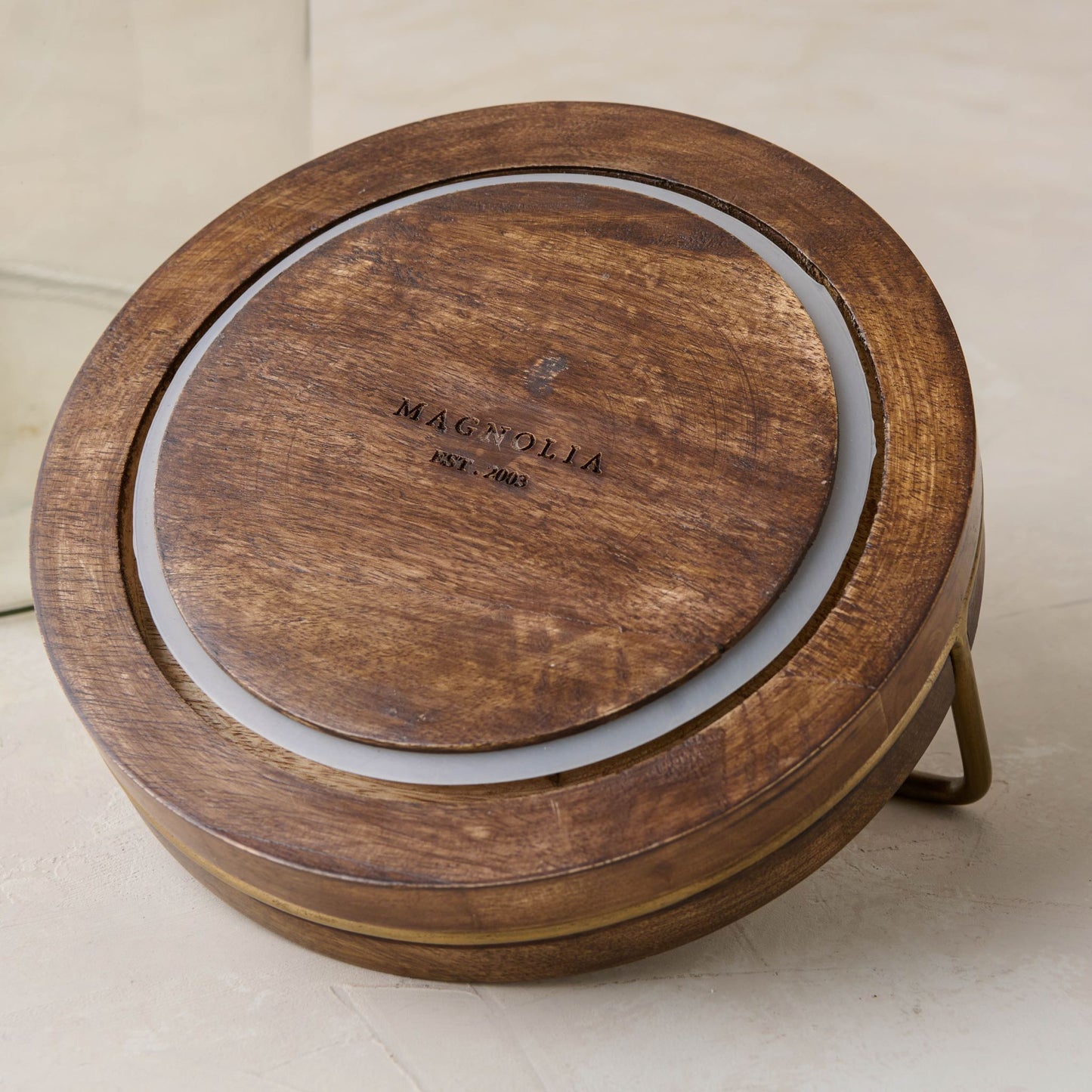 magnolia glass canister with wood and antique brass lid
