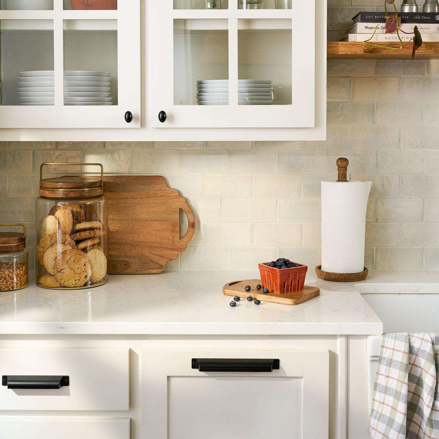 Wood with Antique Brass Canister in large size on kitchen counter containing cookies