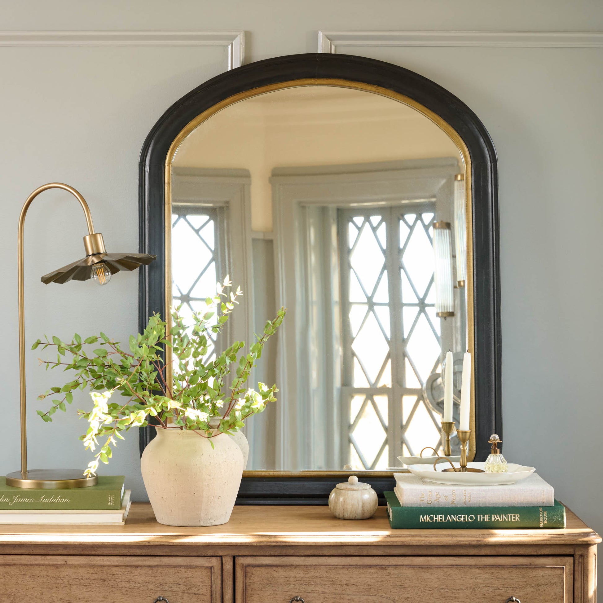 Lulu Brass Petal Lamp on dresser