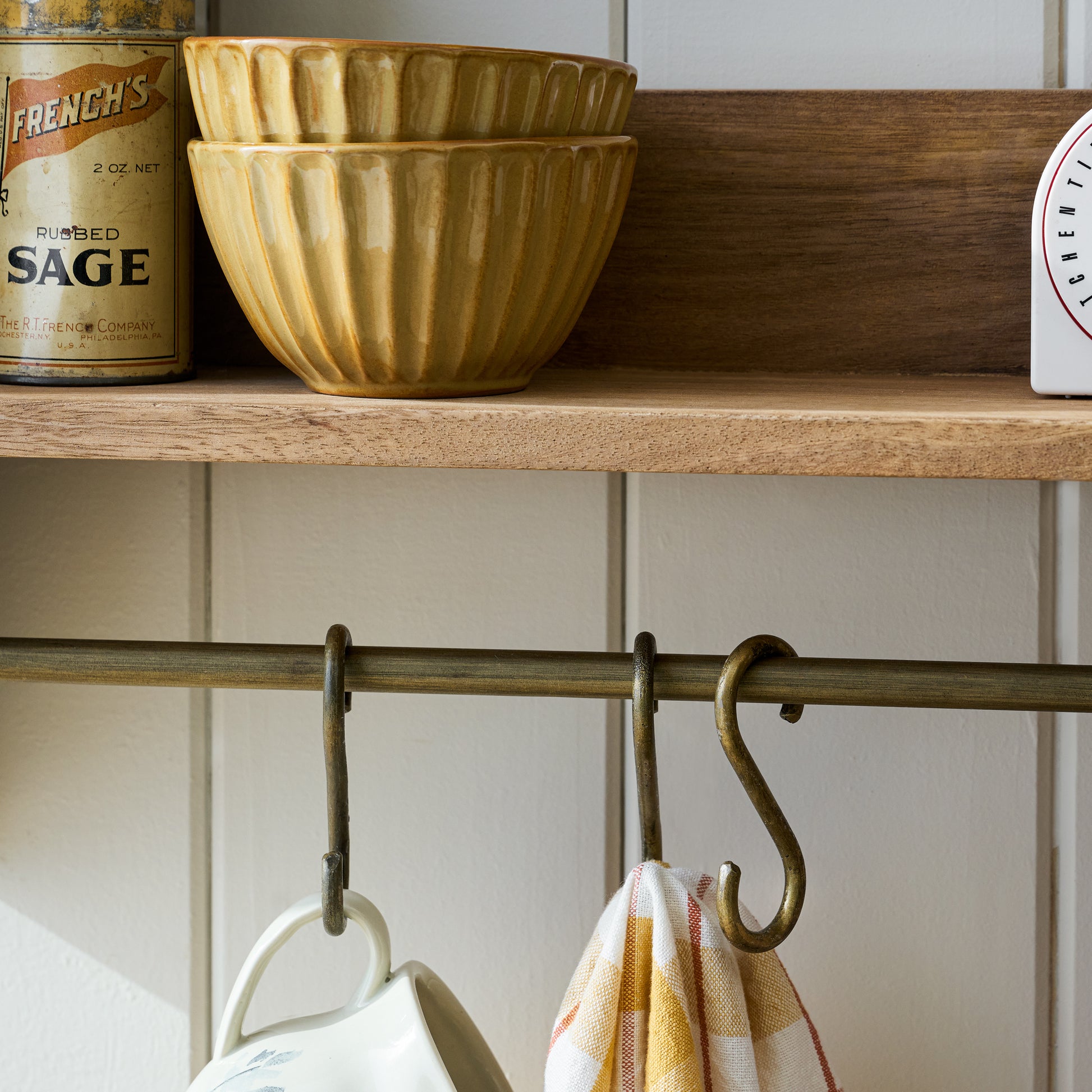 Hannon Wood and Brass Display Shelf with bowl on shelf