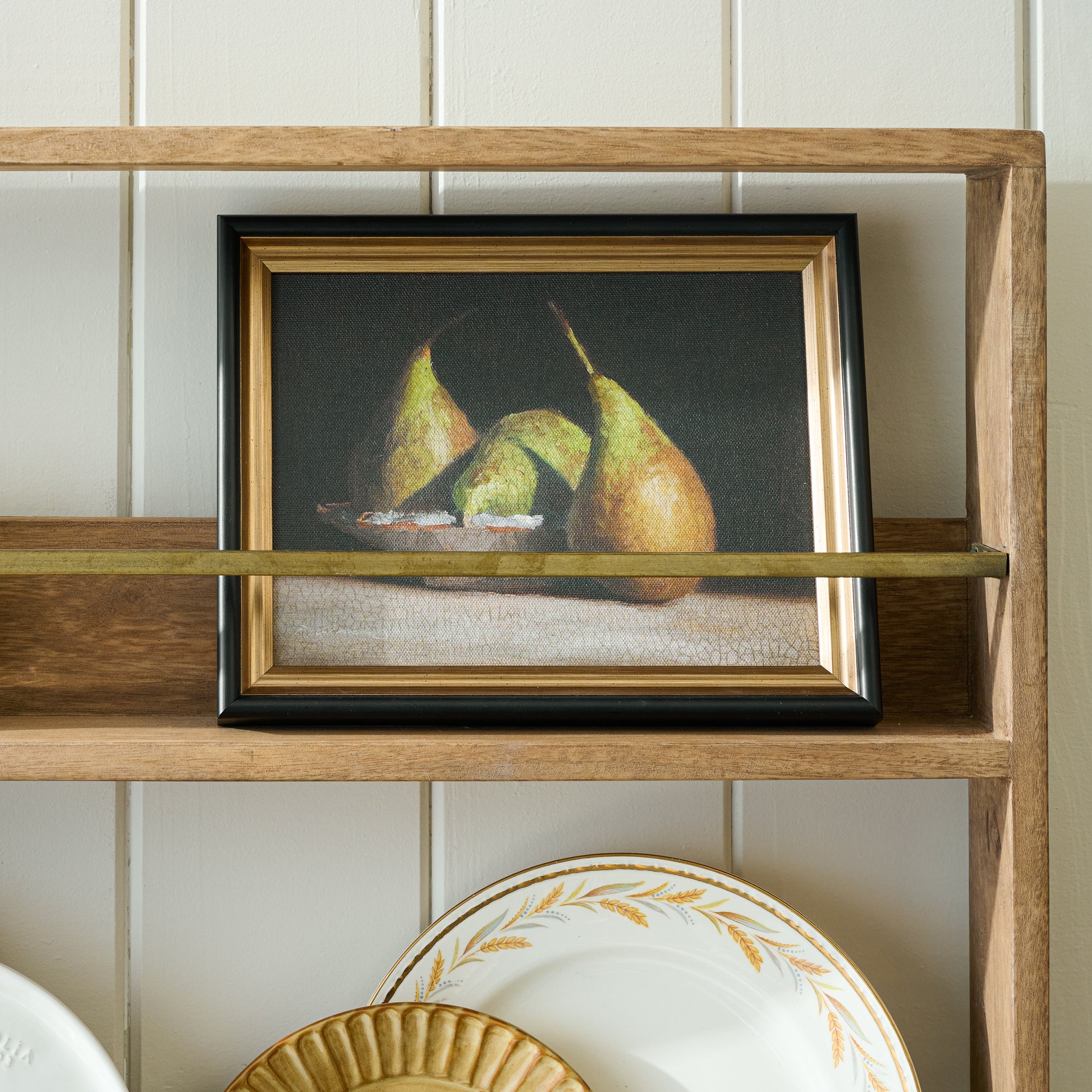 Hannon Wood and Brass Display Shelf with art on shelf