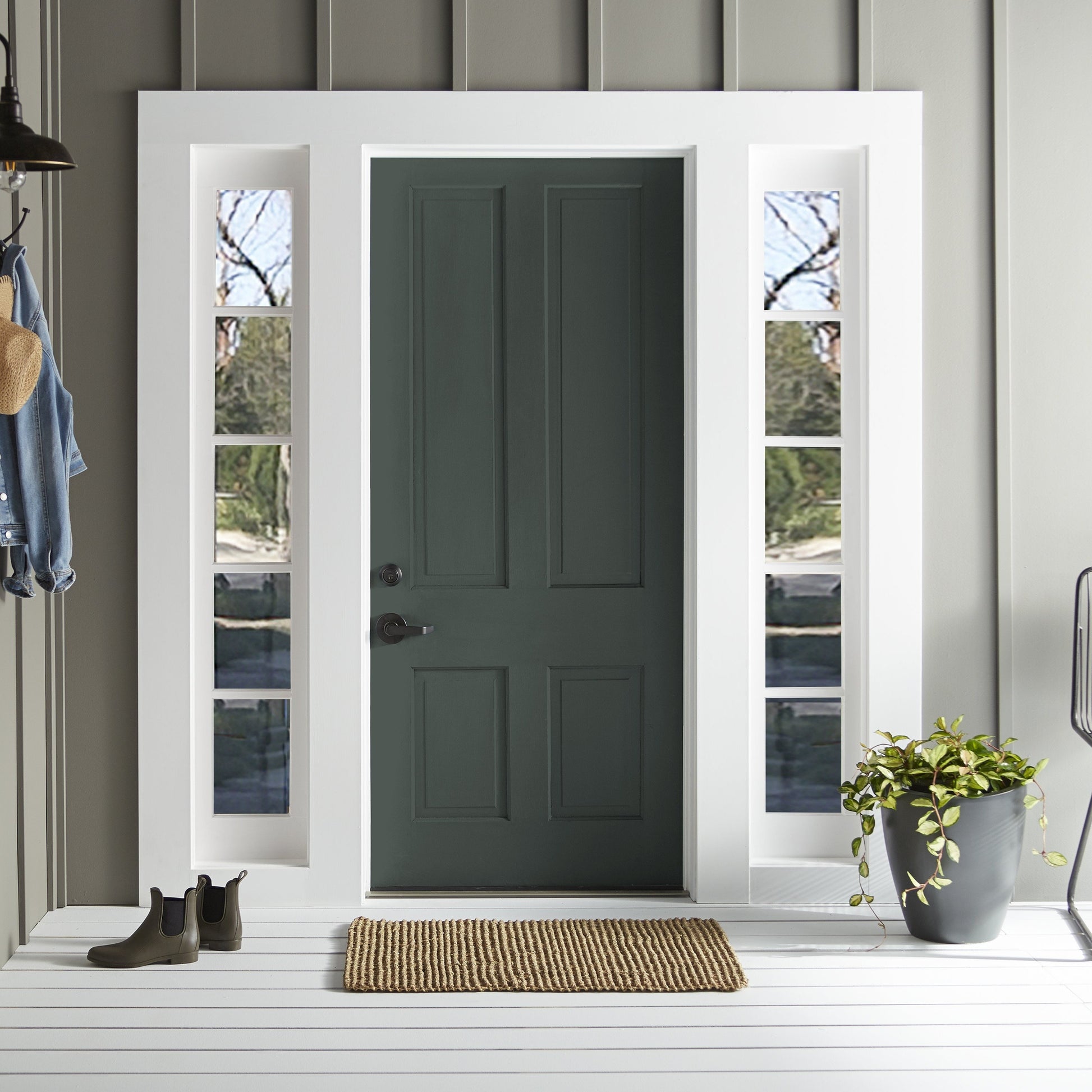 A slightly jeweled forest green hue exterior paint