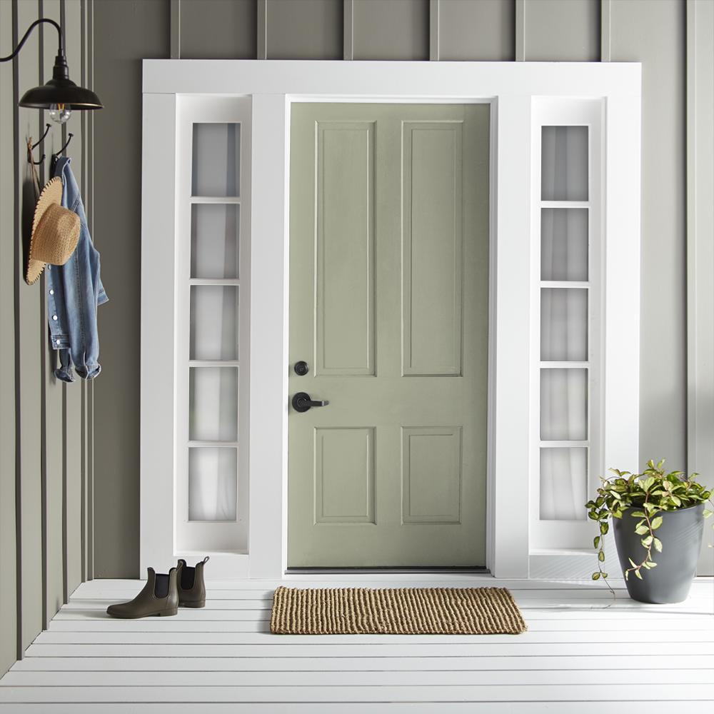 Muted apple green with gray accents exterior paint