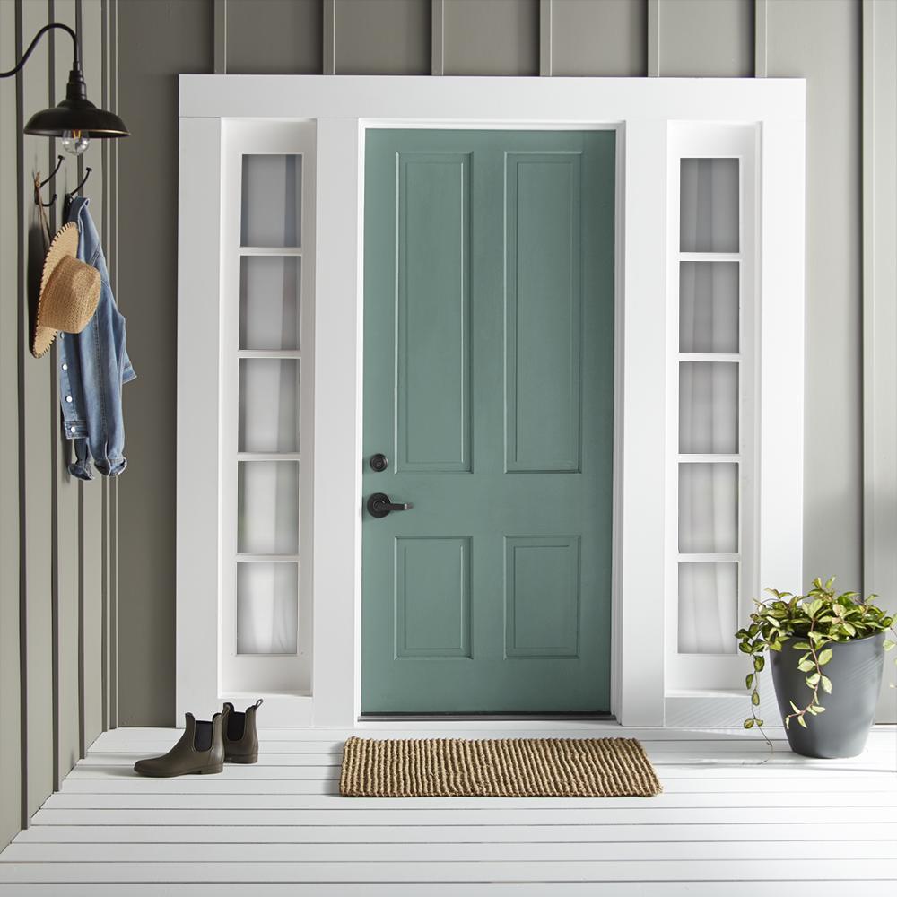 Dark aqua blue blended with a bit of ashy sage green exterior paint