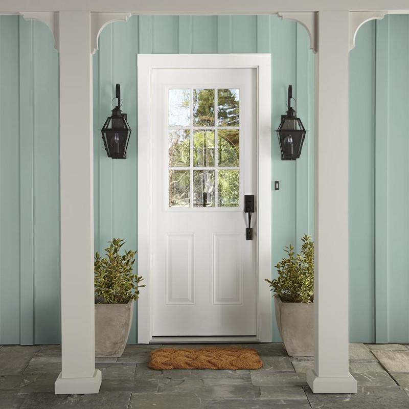Aqua and minty blue slightly muted with gray exterior paint