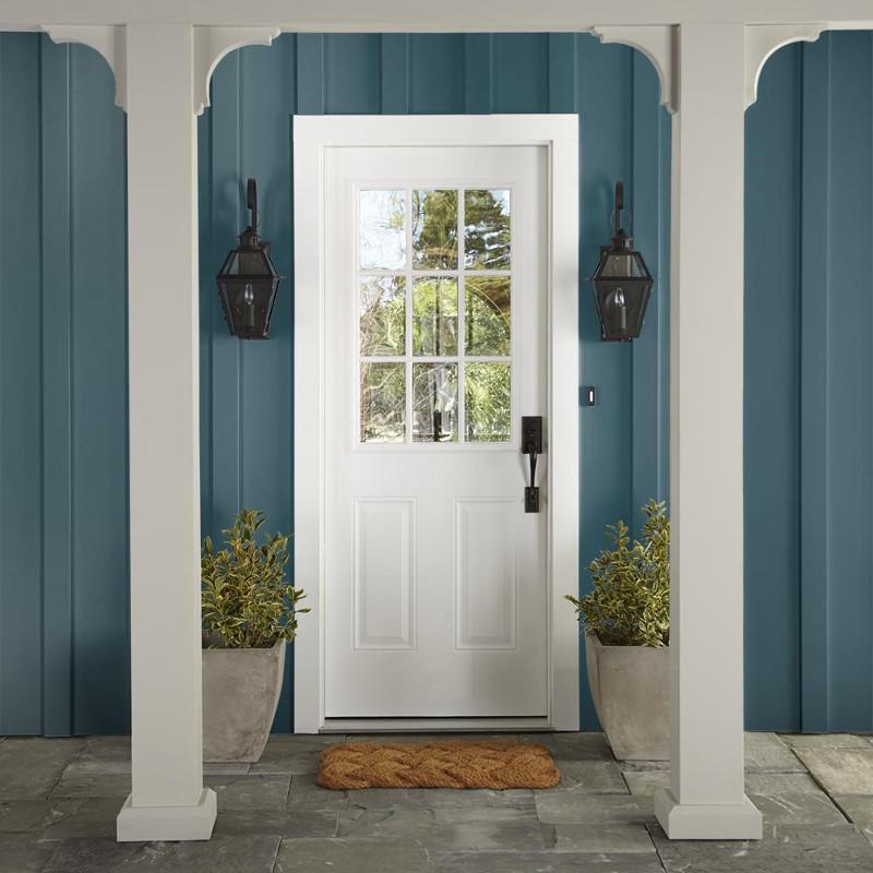 Blue and green combined to create an ashy peacock blue exterior paint