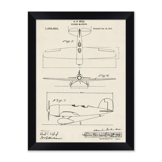sketched diagram of an old airplane in a black frame