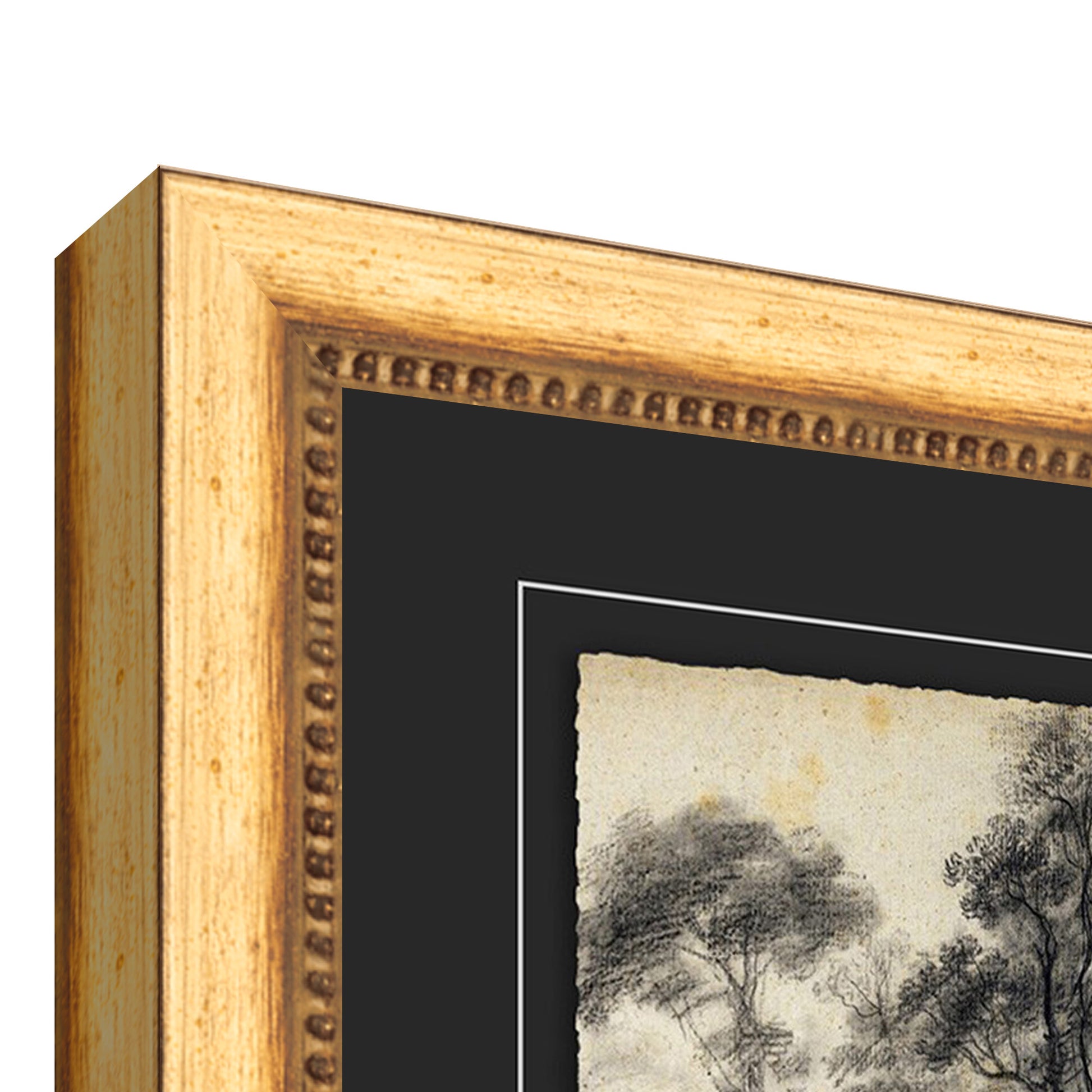 sketch of trees in wooden frame with black mat