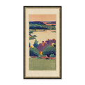 framed painting of a colorful valley village next to a lake