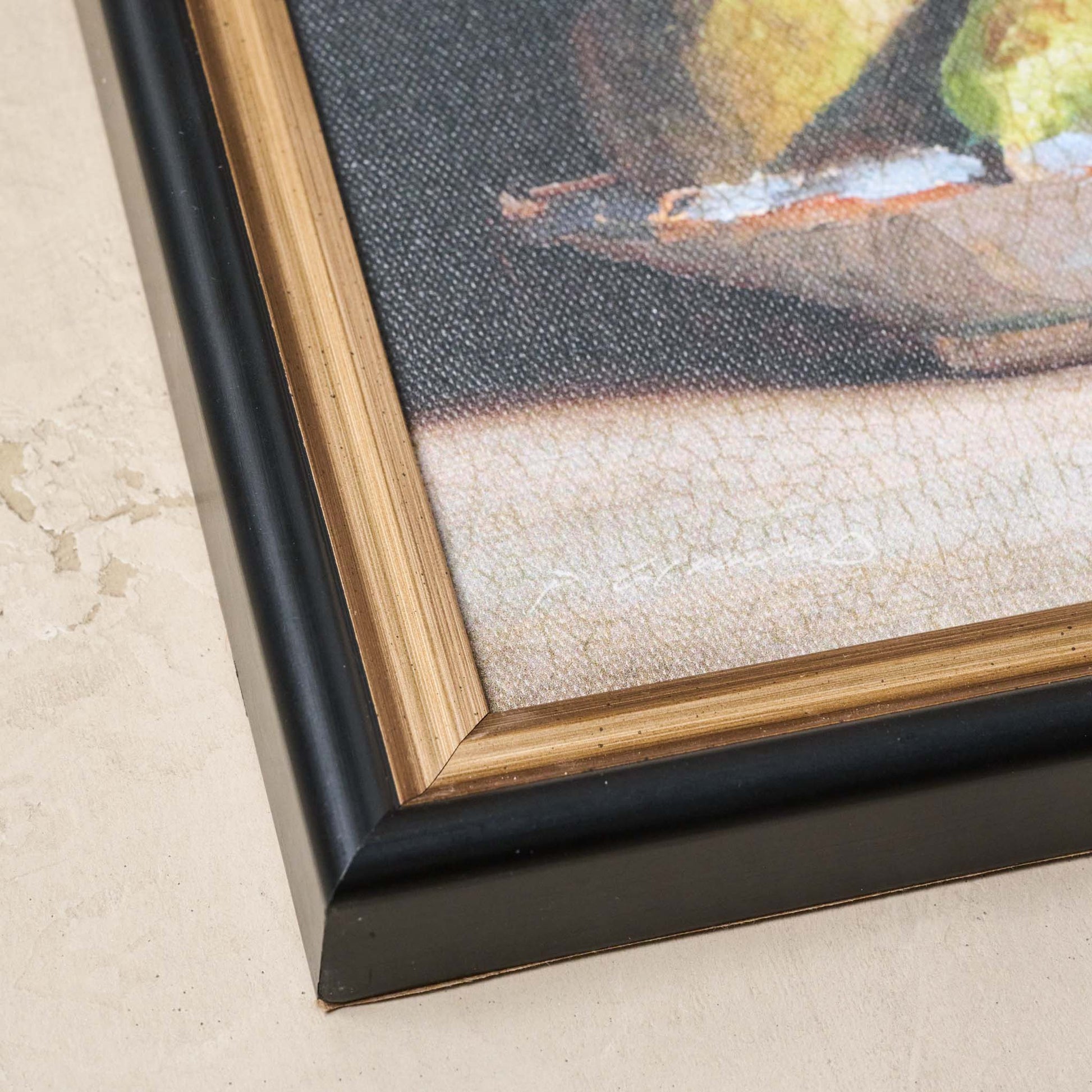 framed wall art Poires Conferences by Pascal Giroud close up of black frame with inner gold frame
