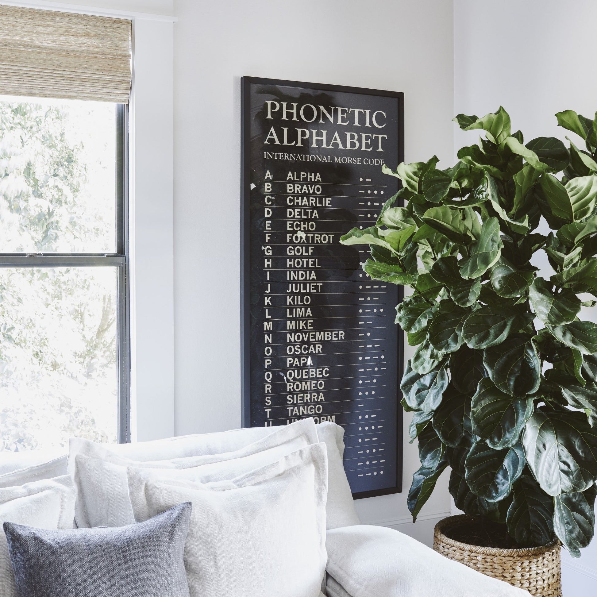 phonetic alphabet print in cream font on distressed black background in wooden frame