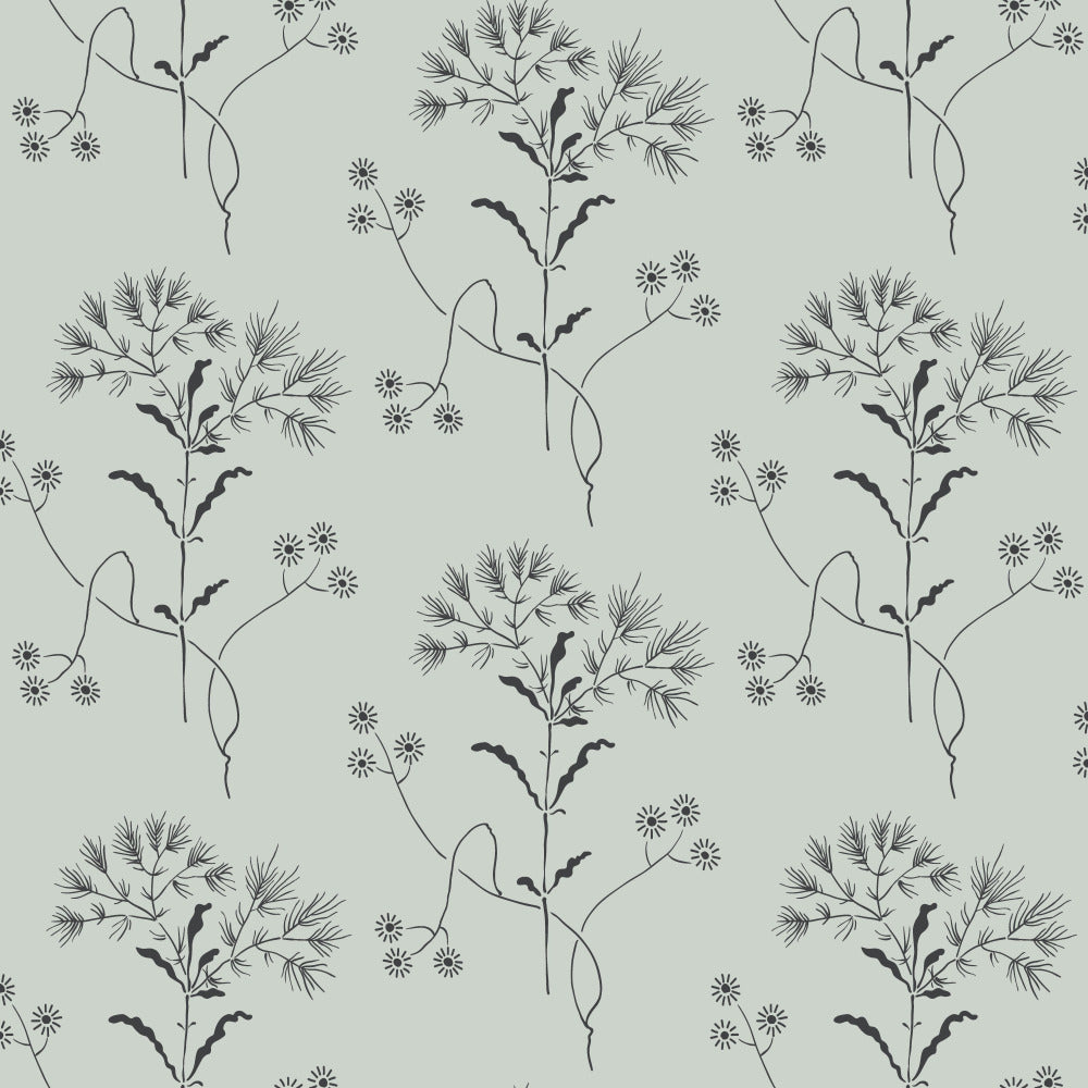 black wildflower pattern on blue wallpaper
