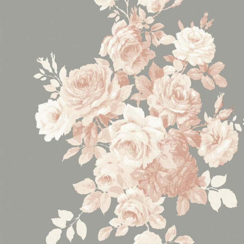 blush pink rose pattern on grey wallpaper