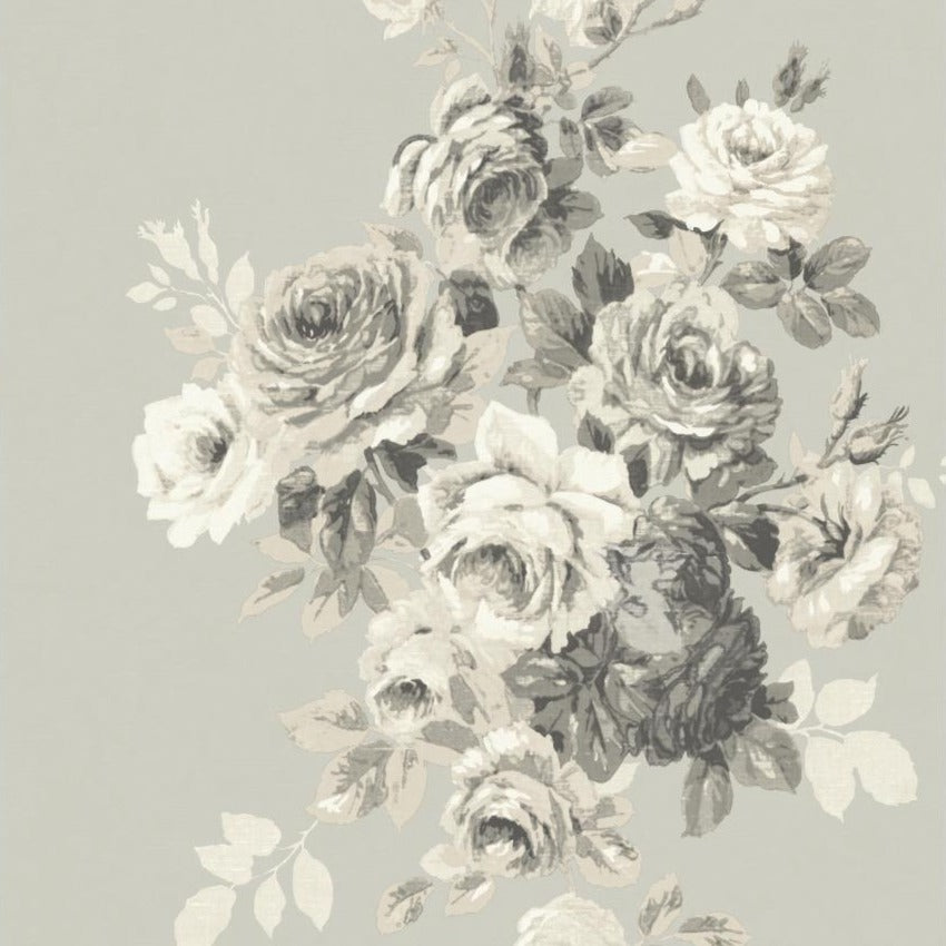 grey and white rose pattern on warm grey wallpaper