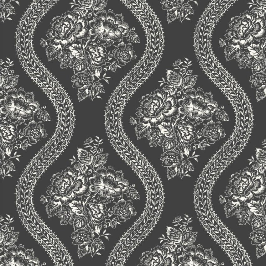 white floral pattern on black wallpaper