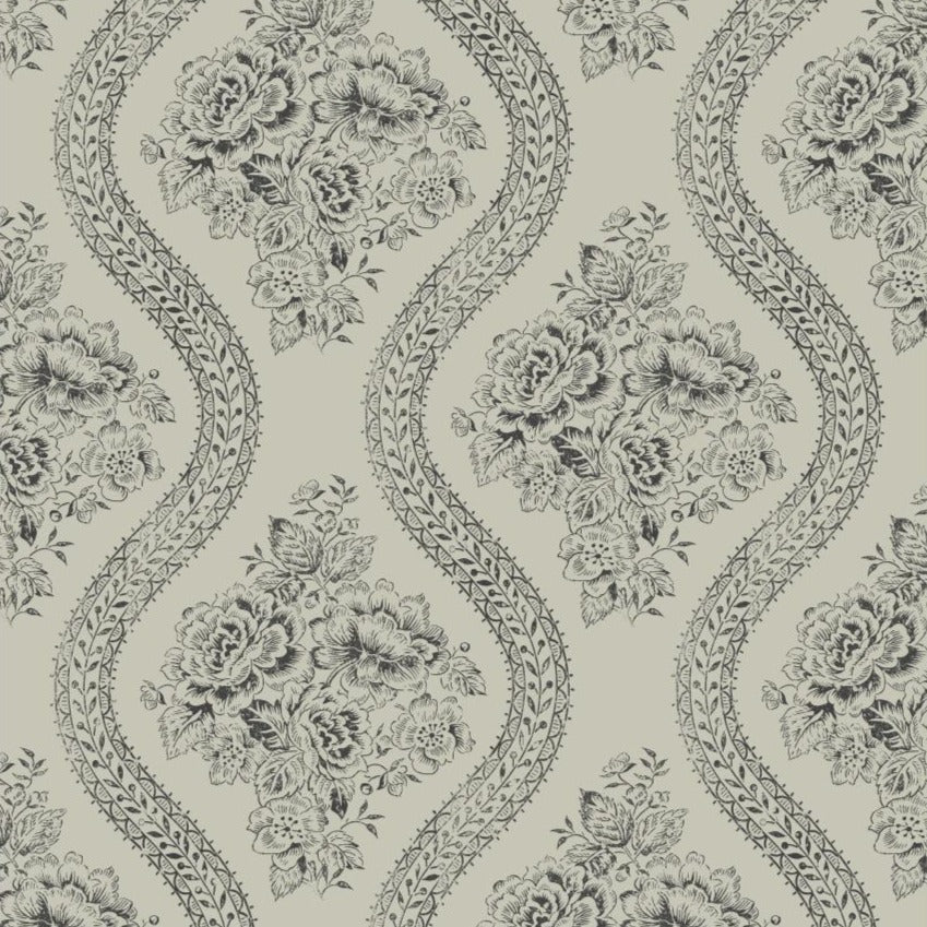 black floral pattern on warm grey wallpaper