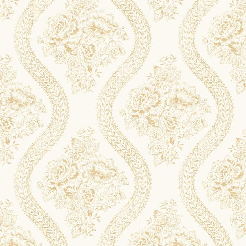 golden-yellow floral pattern on white wallpaper