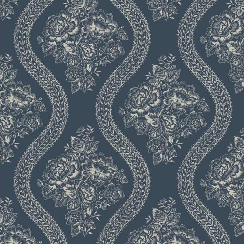 white floral pattern on medium blue wallpaper