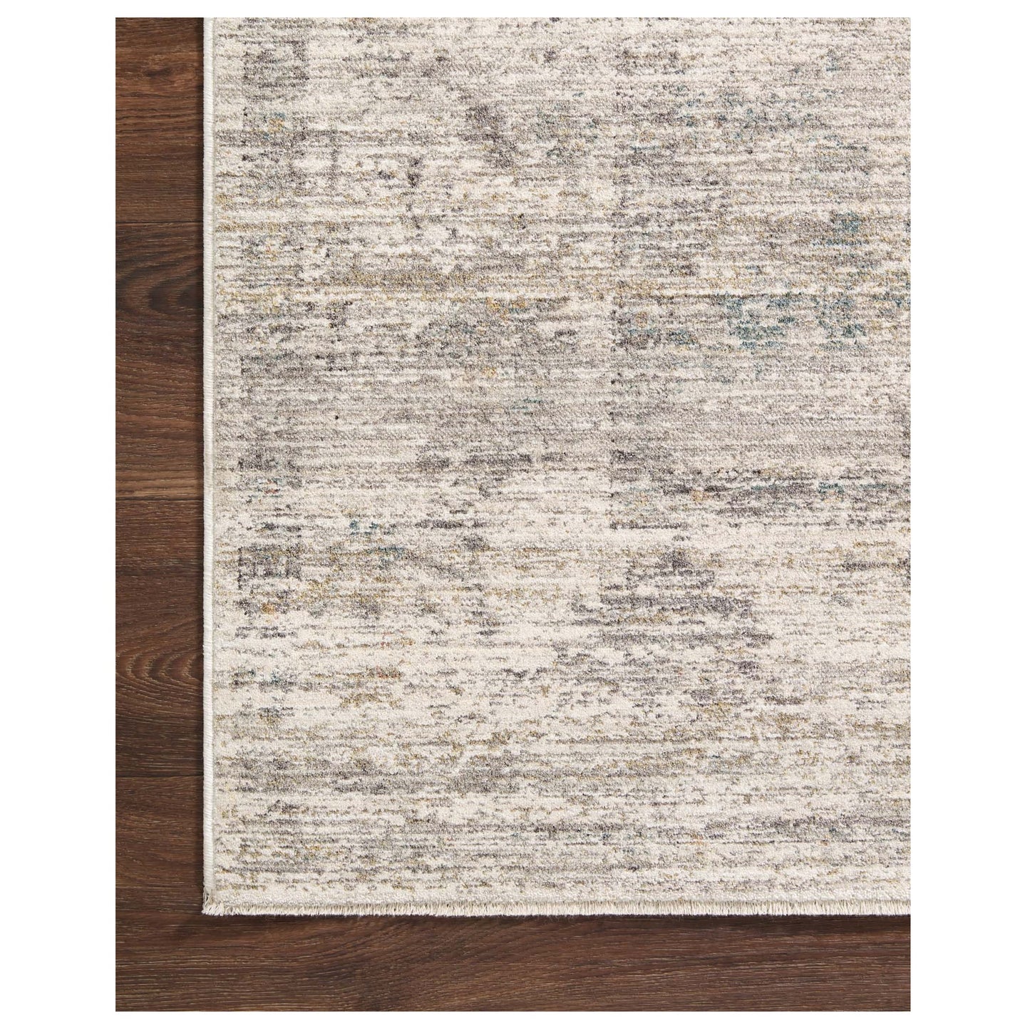 Millie Silver Dove Rug corner on wood floor