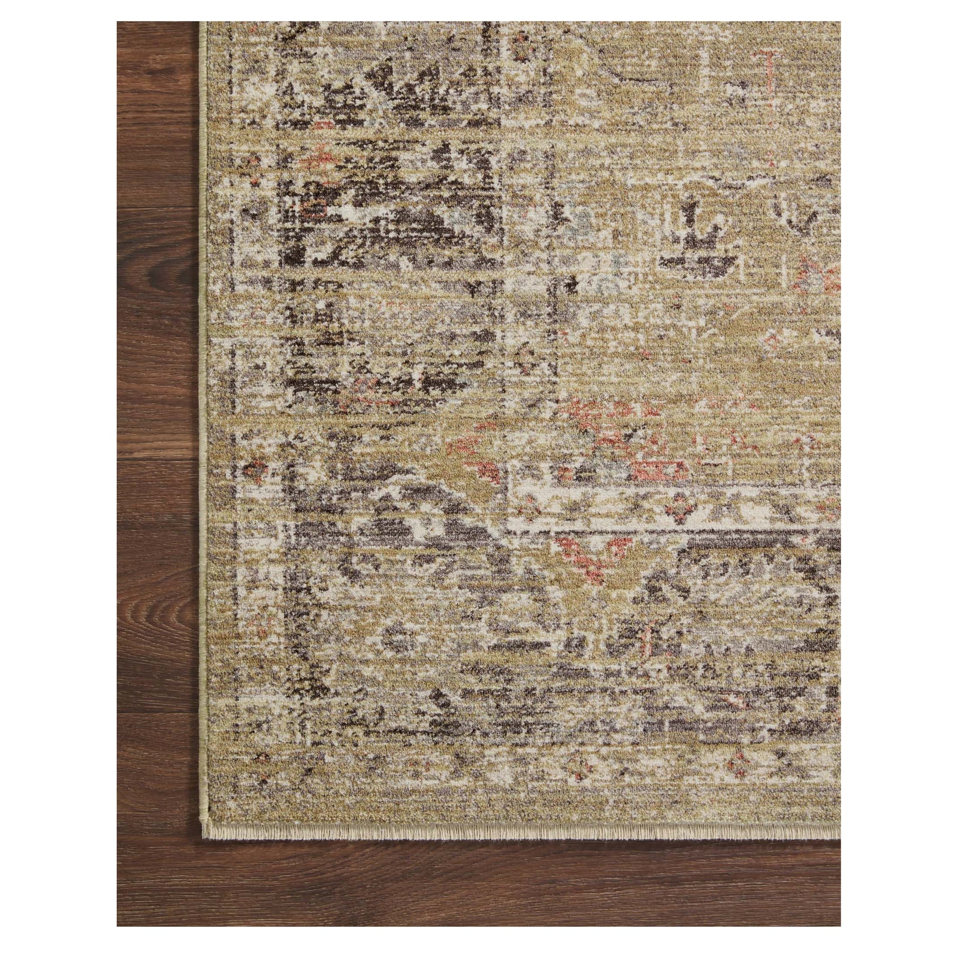 Millie Gold Charcoal Rug corner on wood floor