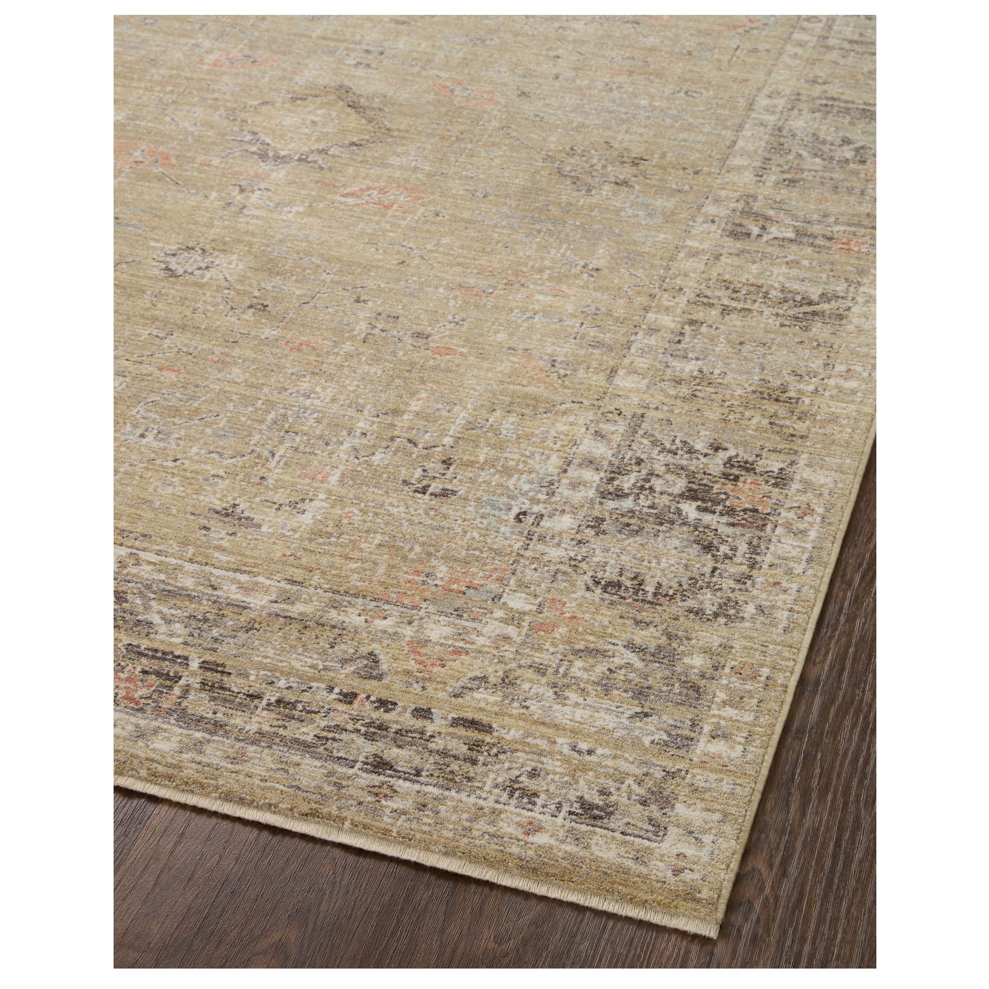 Millie Gold Charcoal Rug corner on wood floor