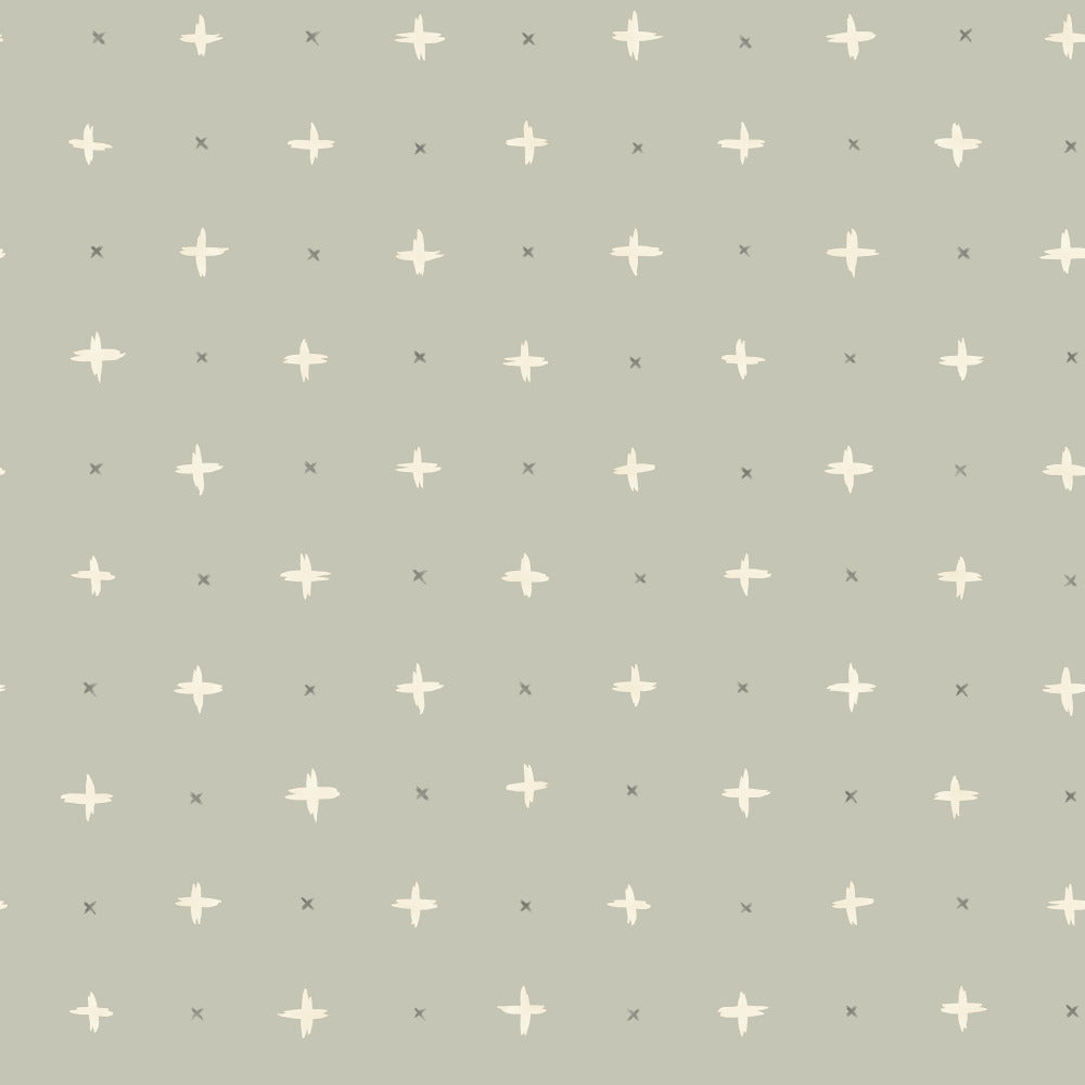 grey-blue wallpaper with white and green plus sign and x pattern