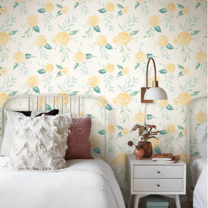 yellow watercolor rose pattern on white wallpaper