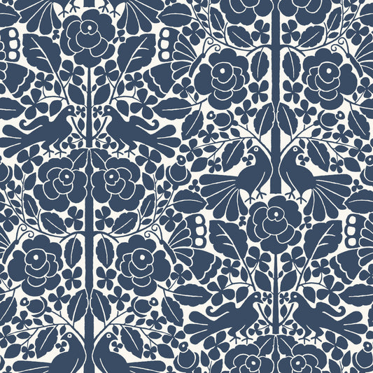 navy and white floral and bird pattern wallpaper