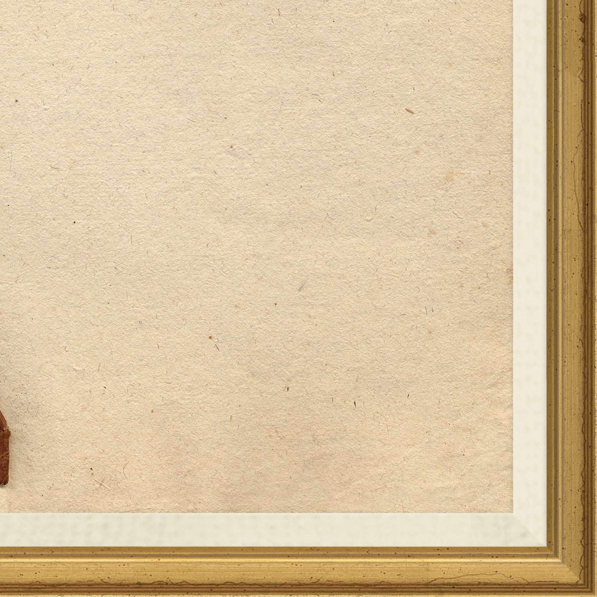corner view of framed art print of preserved plants in wooden frame