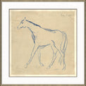 blue sketch of horse in a frame with a white mat