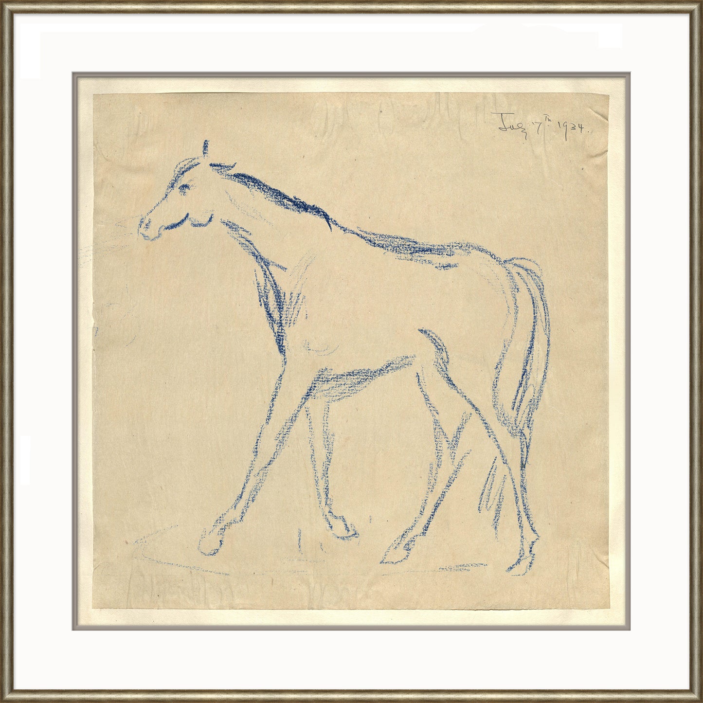 blue sketch of horse in a frame with a white mat