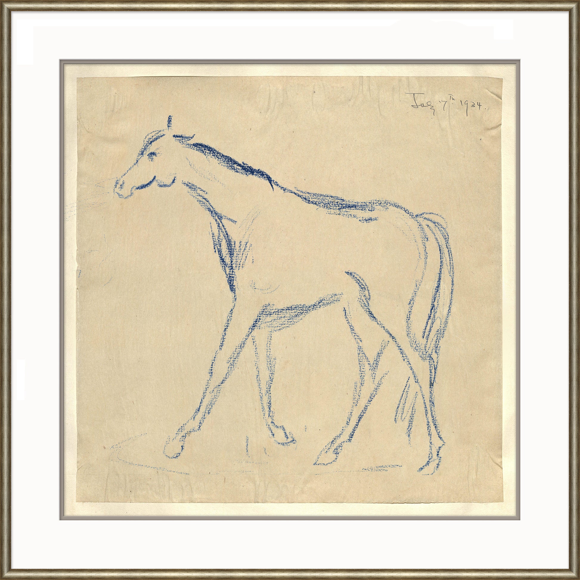 blue sketch of horse in a frame with a white mat
