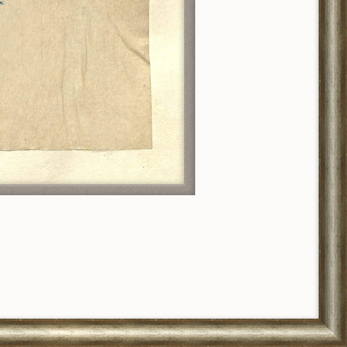 blue sketch of horse in a frame with a white mat