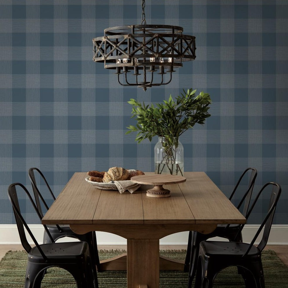 navy and white textured buffalo check patterned wallpaper