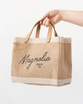 burlap tote with leather handles with Magnolia script logo