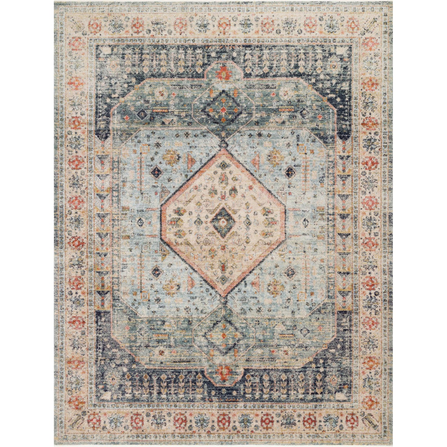 dark and light blue traditional rug with multi-colored detail