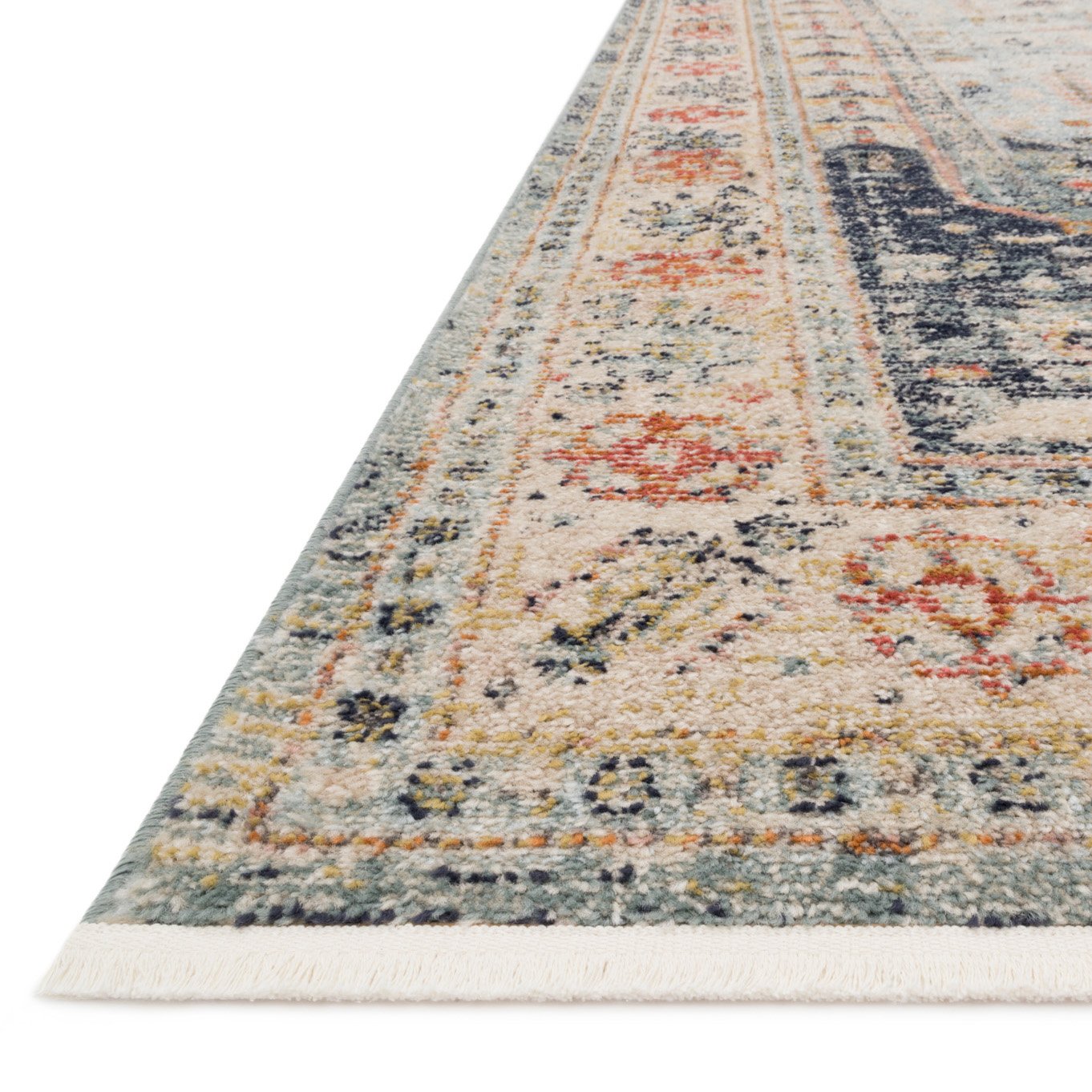 dark and light blue traditional rug with multi-colored detail