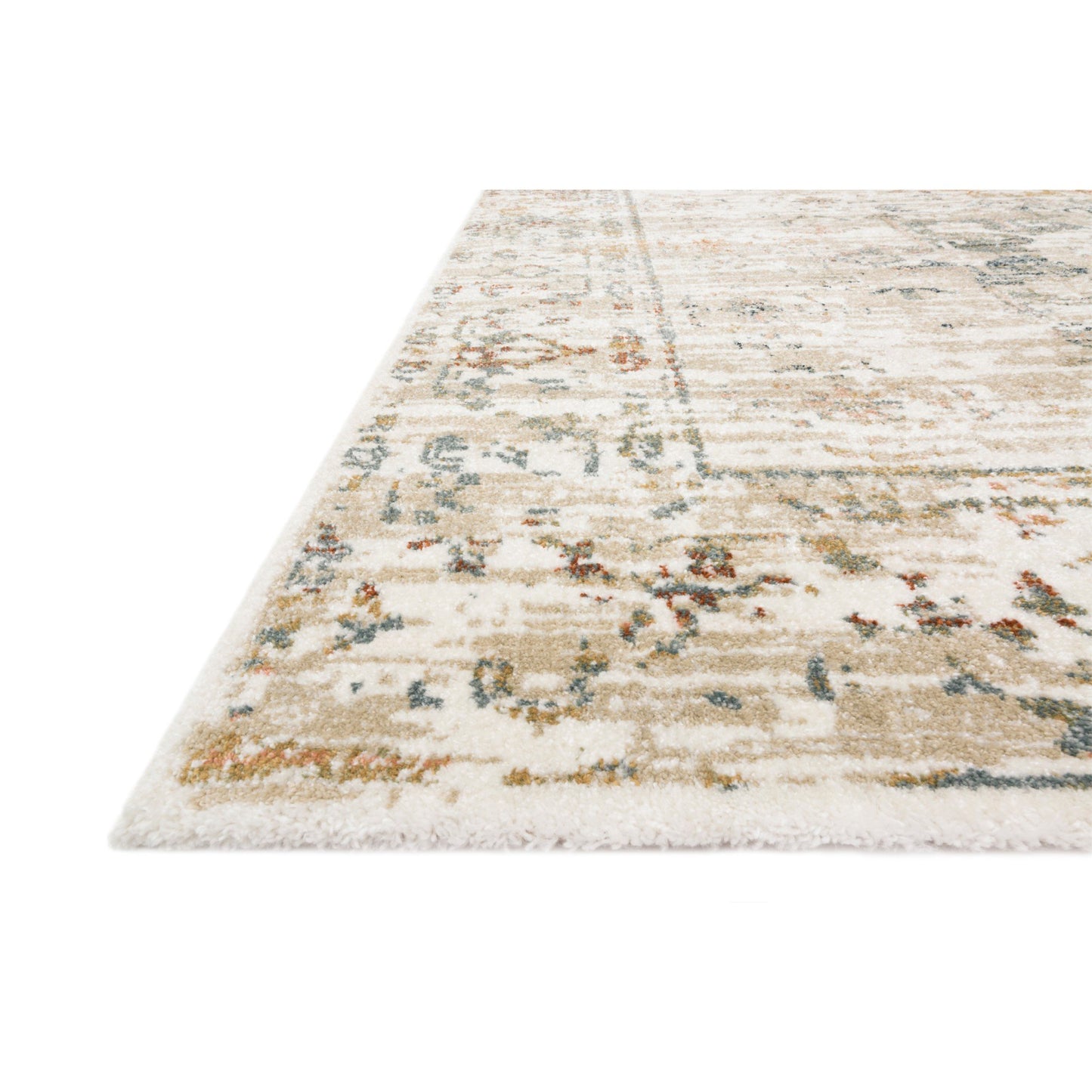 distressed ivory rug with green, blue, and mustard details