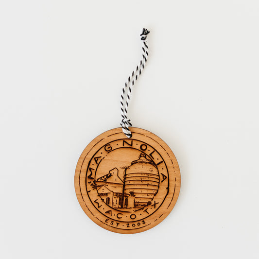 wooden laser-engraved christmas ornament of the magnolia silos seal