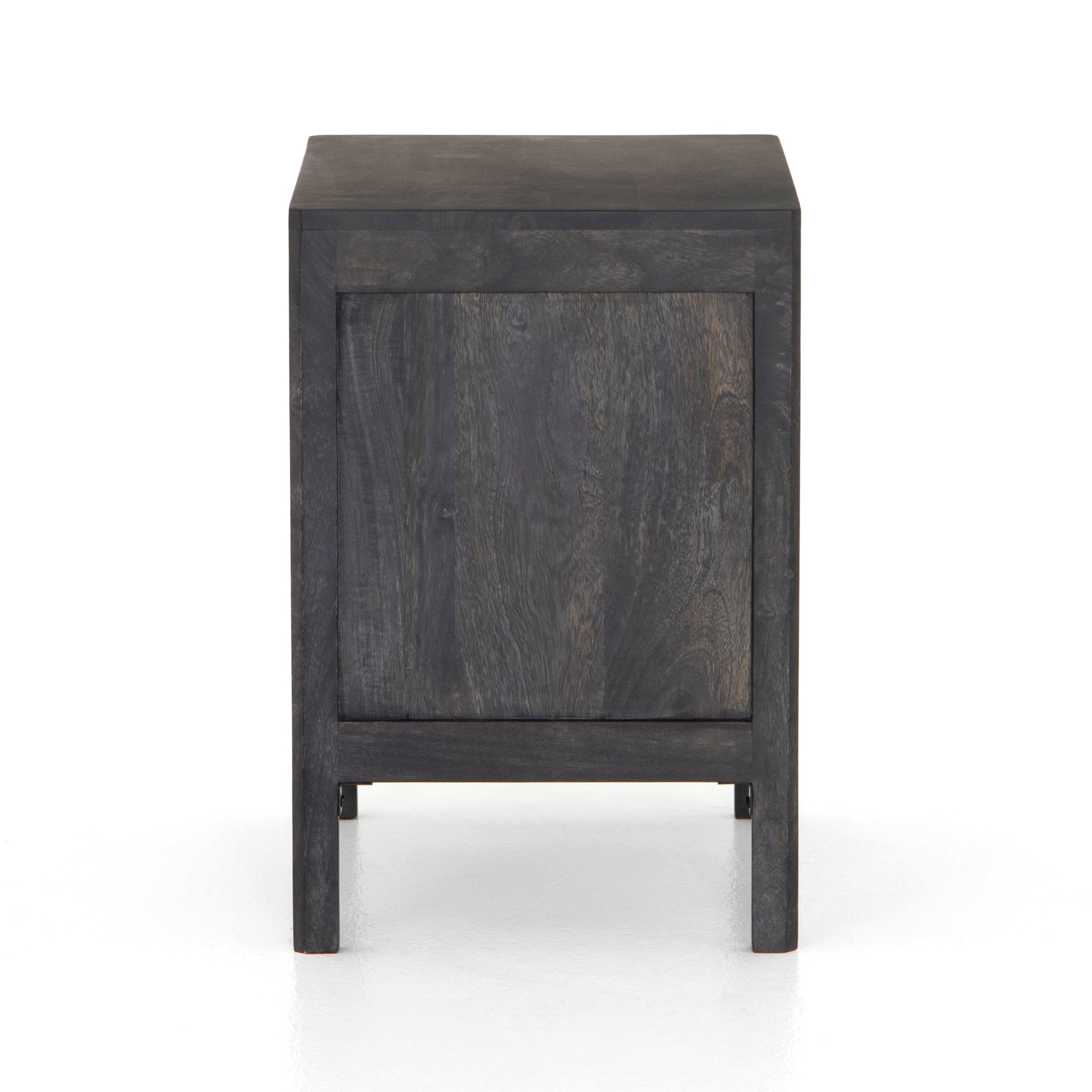 modern black stained wooden nightstand with natural cane front cabinet door