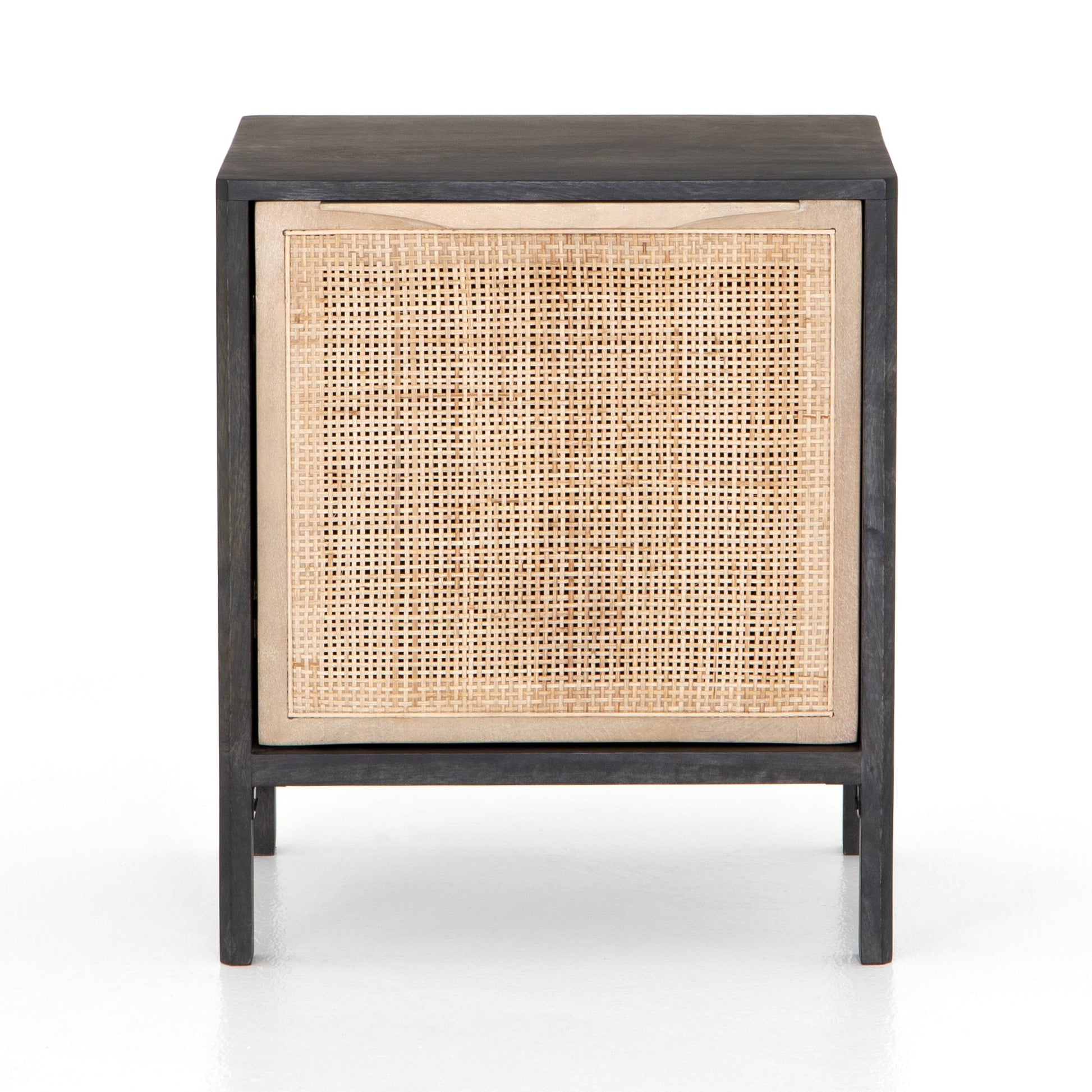 modern black stained wooden nightstand with natural cane front cabinet door