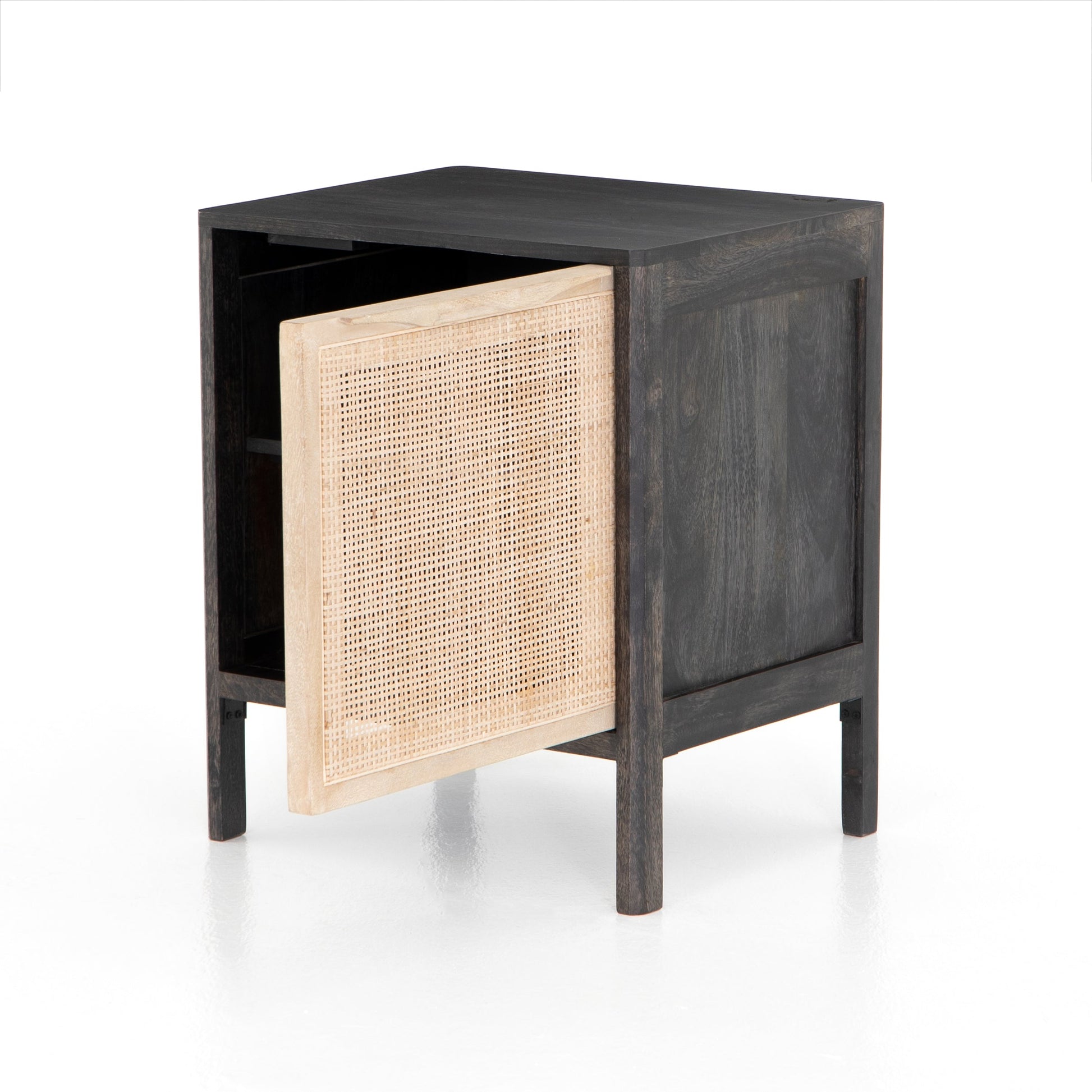 modern black stained wooden nightstand with natural cane front cabinet door