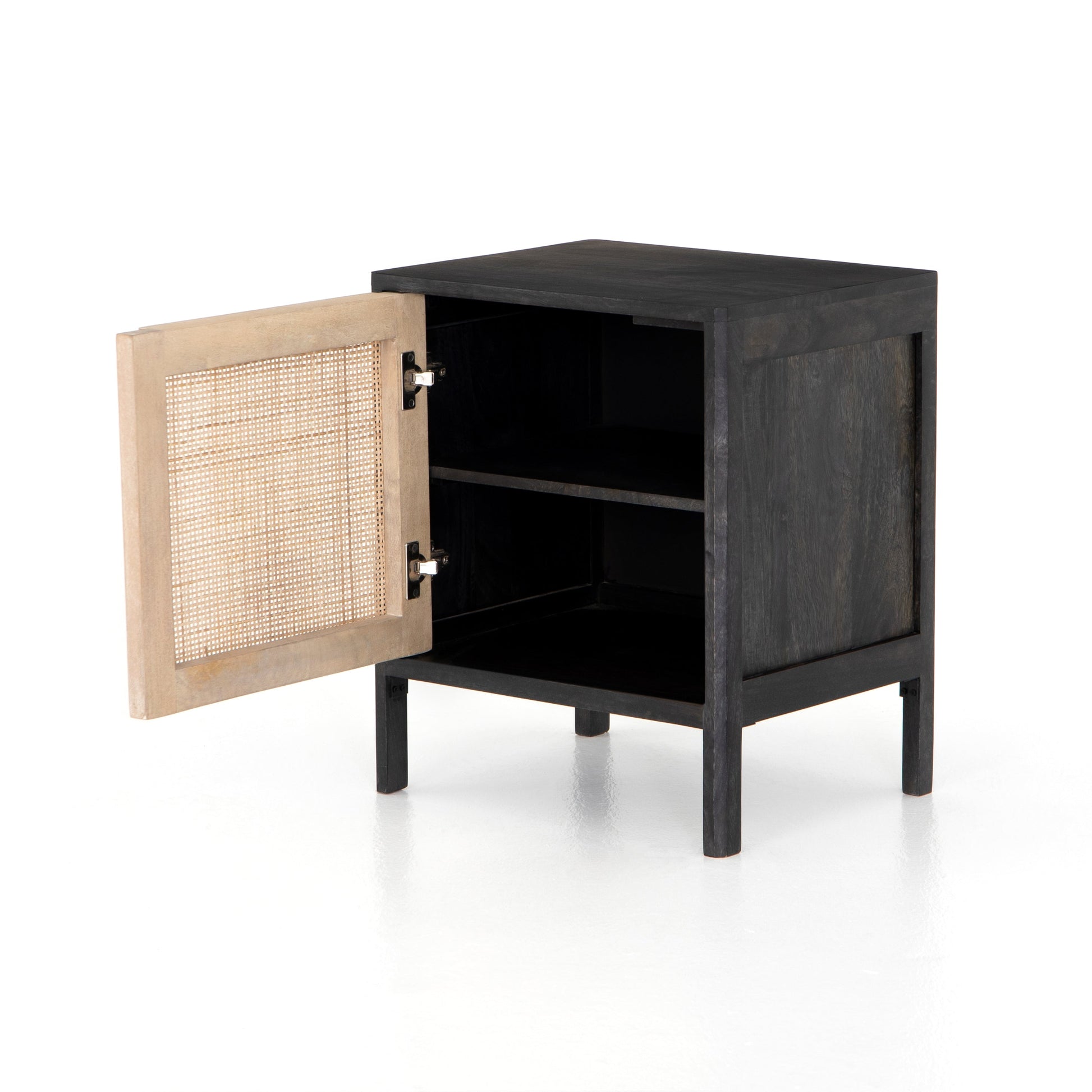 modern black stained wooden nightstand with natural cane front cabinet door