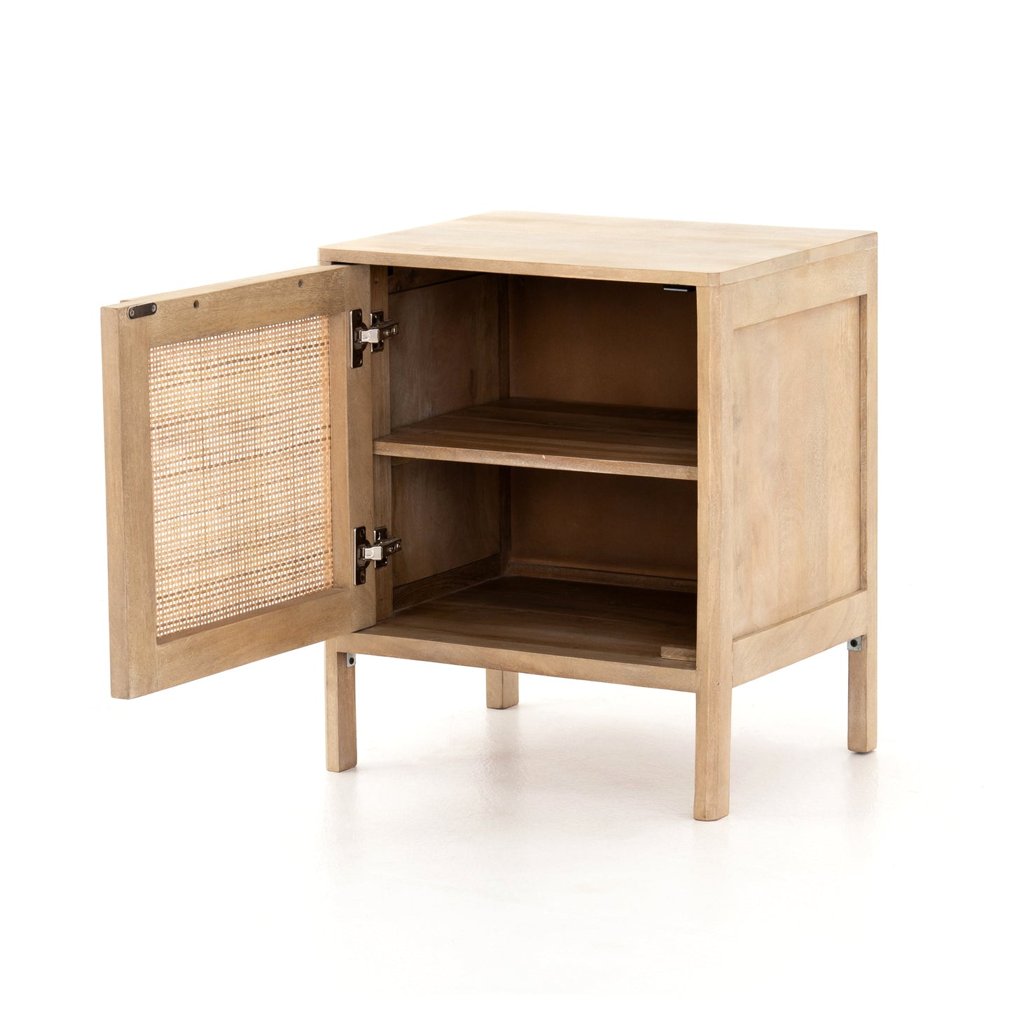 modern natural wooden nightstand with natural cane front cabinet door